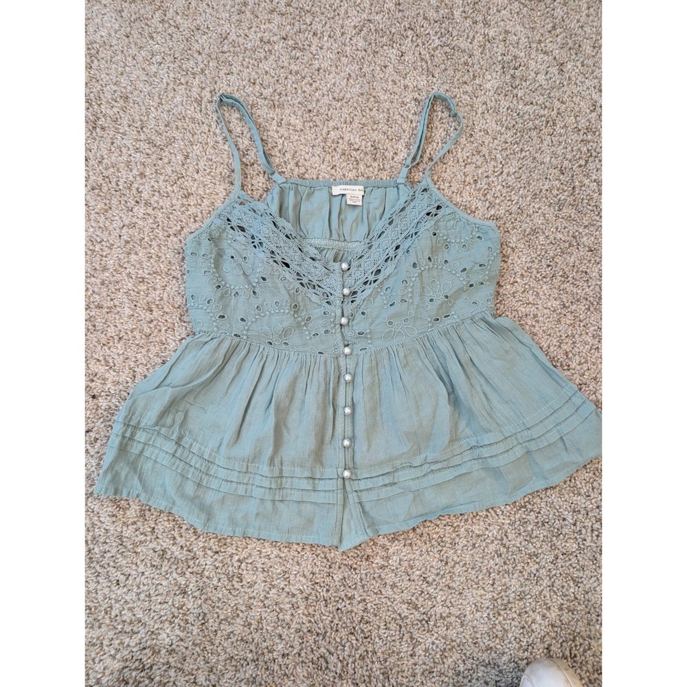 American Eagle Sage Green Eyelet Lace Peplum Cami Top Pearl Button Small